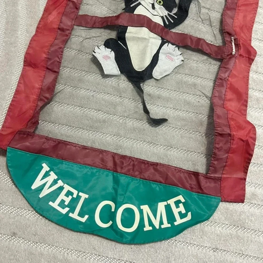 Red green cat welcome flag decor hang out cottage boho cute